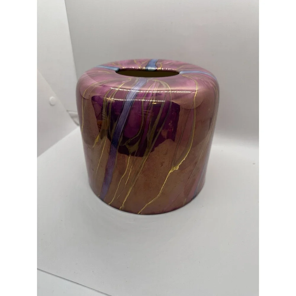 Hand Painted Ceramic Tissue Box Cover 24K Gold Accents Purple Art Pottery‎